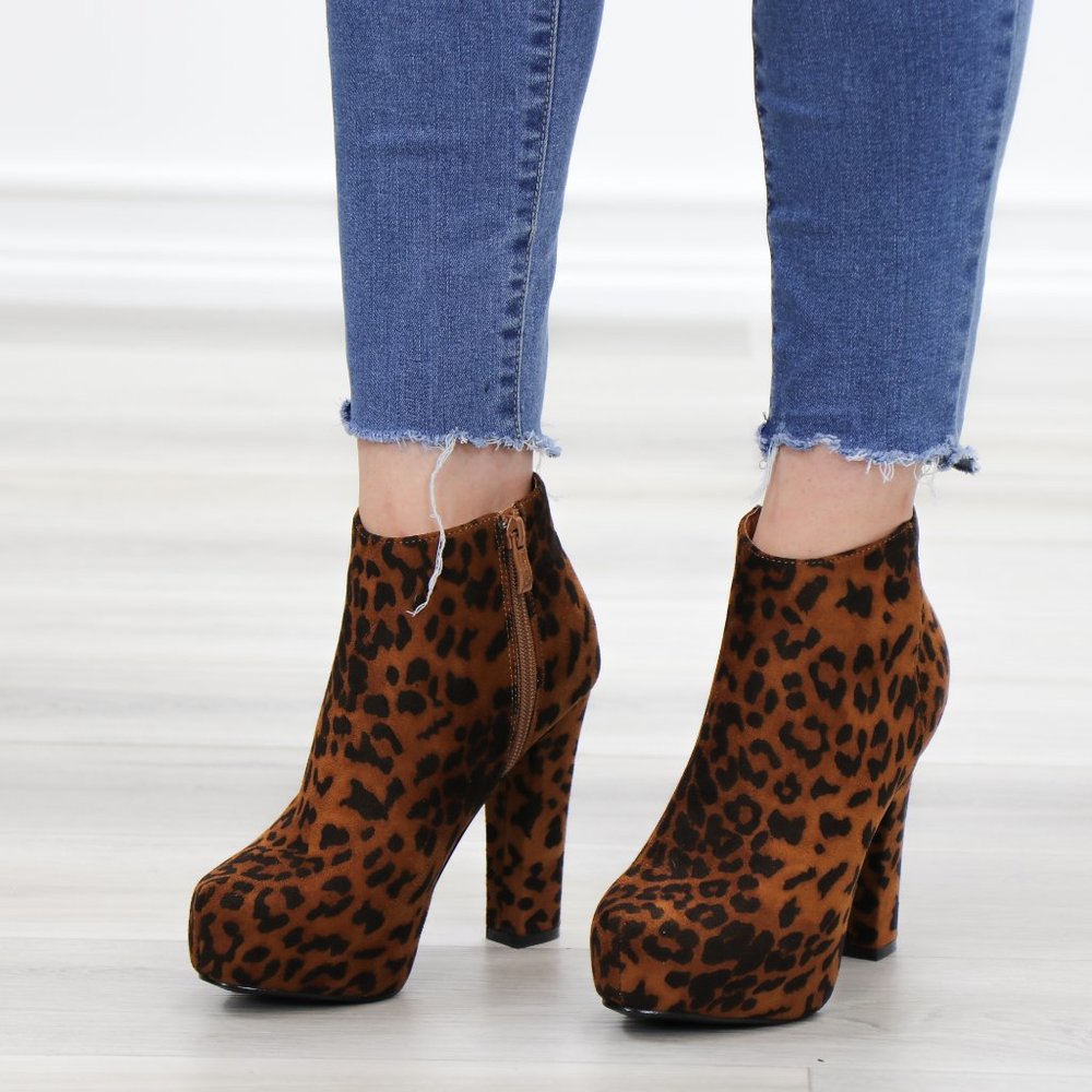 Platform Leopard Suede Ankle Heeled Booties - Picture 9 of 14